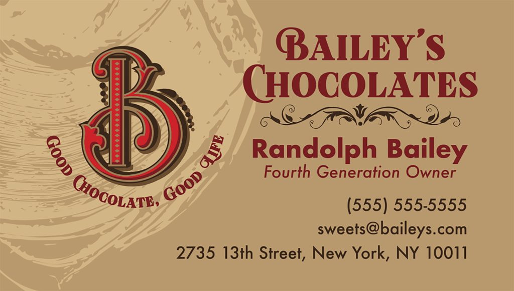 A student's work: business card design, AR 328 Graphic Design Processes