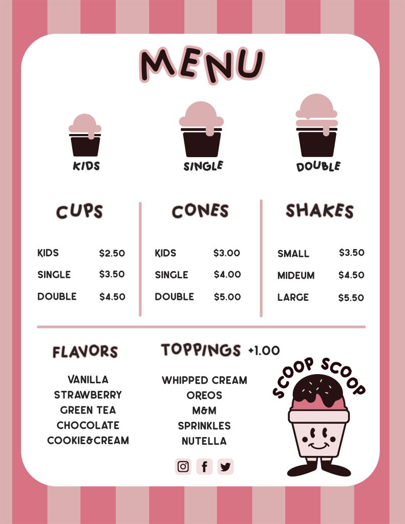 A student's work: menu design for food truck project, AR 441 Art Direction I